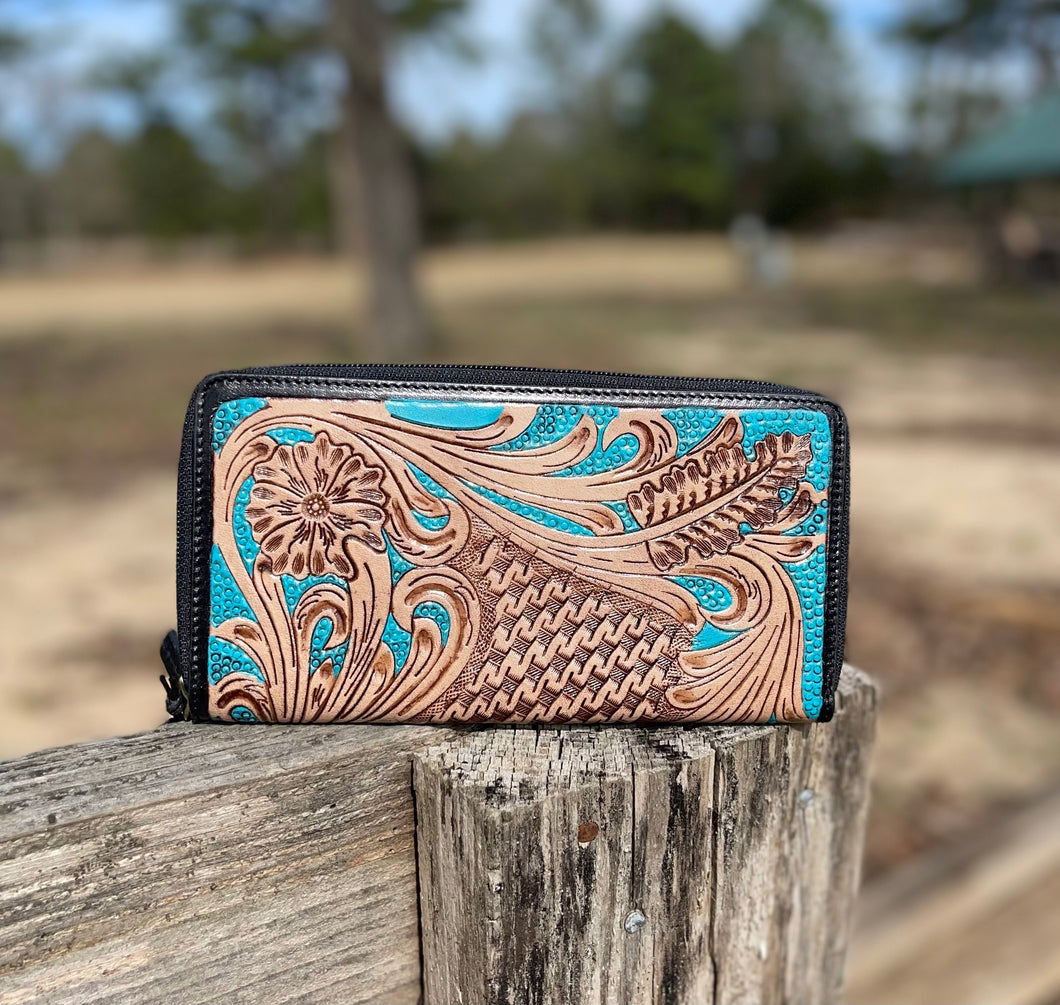 Turquoise Leather Tooling Wallet