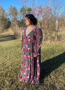 Midnight Floral Ruffled V-Neck Maxi Dress