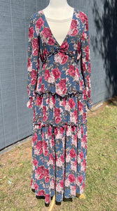 Midnight Floral Ruffled V-Neck Maxi Dress