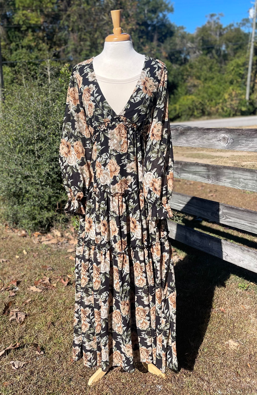 Black Floral Ruffled V-Neck Maxi Dress - NEW