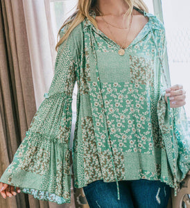 Mint Floral Bell Sleeve Blouse