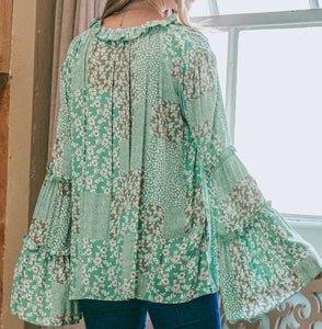 Mint Floral Bell Sleeve Blouse