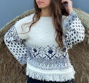 Fuzzy Aztec Fringe Bottom Sweater